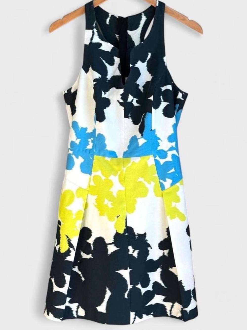 Milly Floral Split Neck Racerback Pleated Minidress Blue Yellow Size 6 - Picture 2 of 16